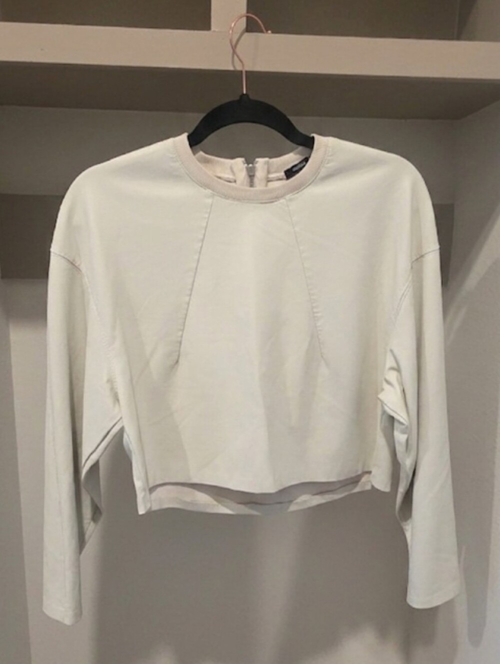 Zara Cream Cropped Long-Sleeve Faux Leather Crewneck Top